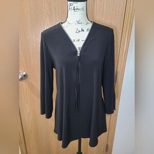 Joseph Ribkoff Exposed Zipper Tassel Split Sleeve Criss Cross Back Top